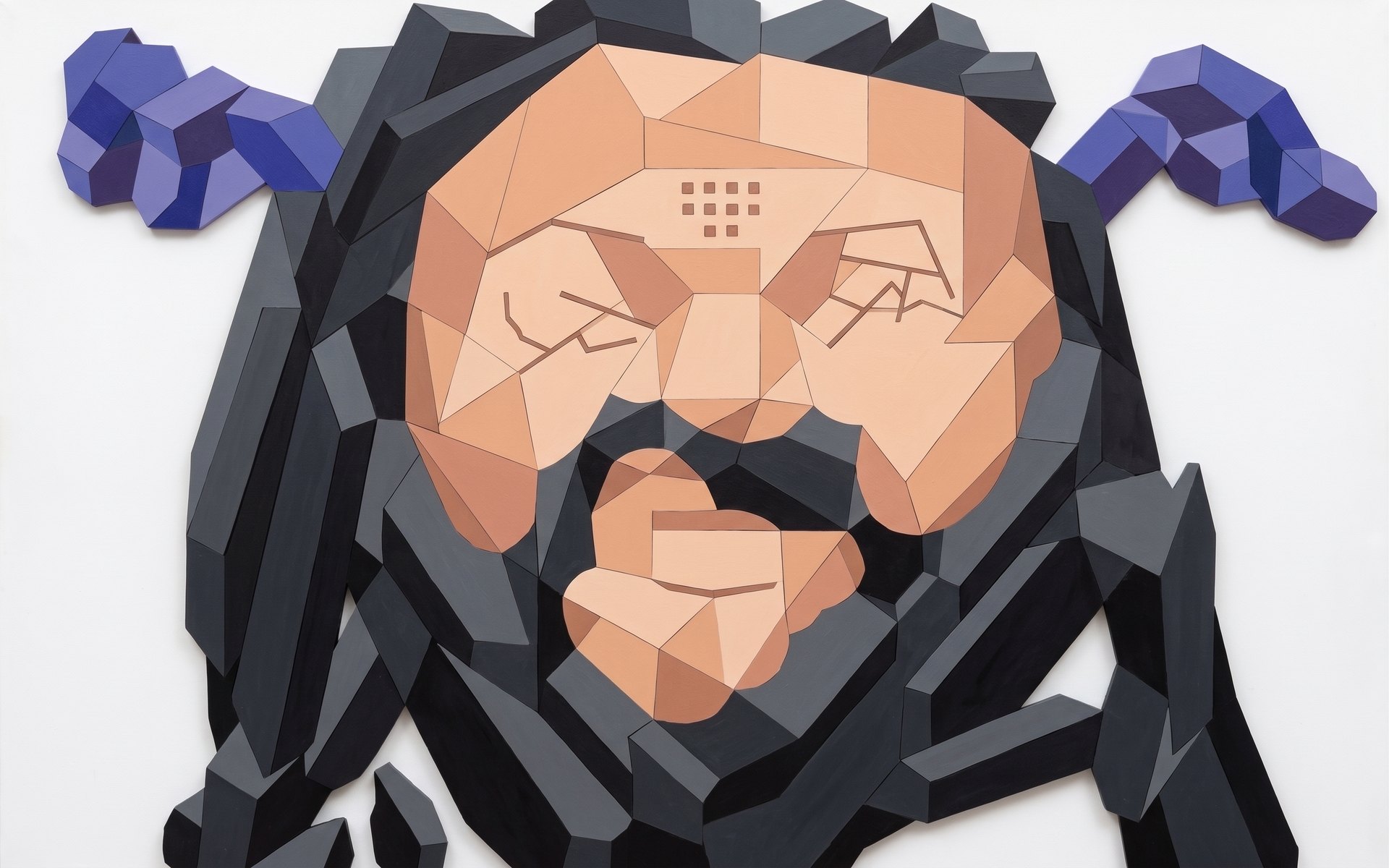 The same portrait rebuilt as flat angular facets, like cut paper or painted wooden panels.